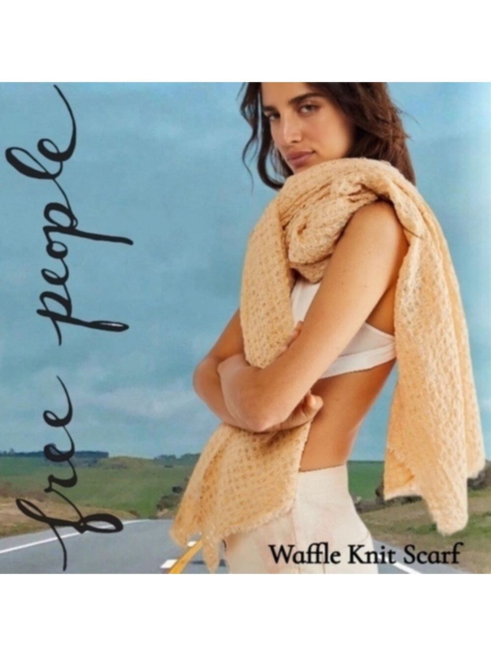 FREE PEOPLE Long Weekend Raw Hem Oversized Waffle Knit Scarf in Camel NWT